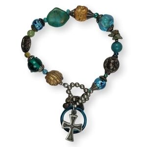 Gemstone Glass Bead Bracelet Cross Charm Multicolor Silver Tone Treska 8" - 9"